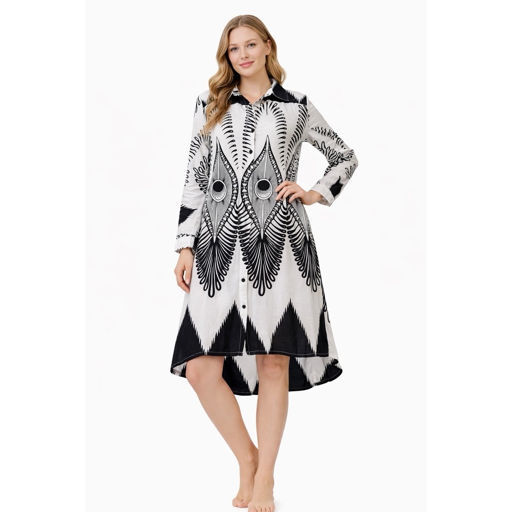 Step In Style 1X Black White Button Front Shirt Dress Cotton Boho Midi